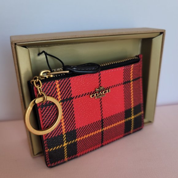 COACH Novelty Plaid Print Mini Skinny ID Case In Coated Canvas– Red Multi⭐ - Picture 3 of 15